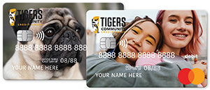 Sample of 2 custom designed Tigers Community Debit cards.